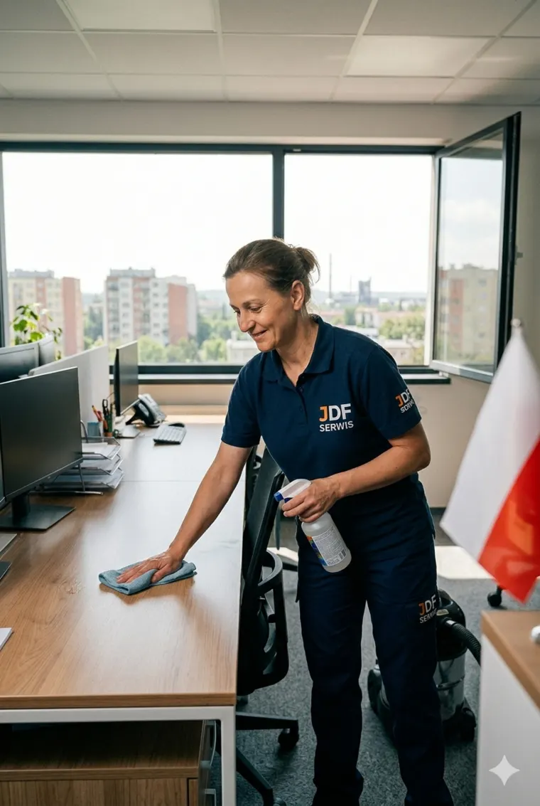 Pracownica firmy sprzątającej podczas sprzątania biura