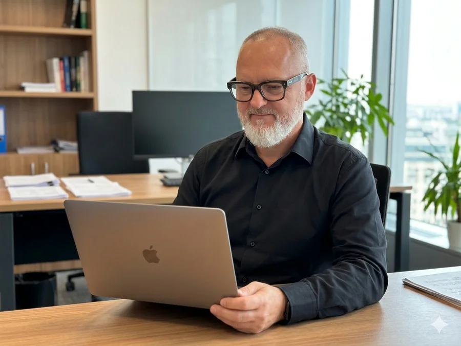 Eryk Grzeszkowiak przy laptopie w biurze