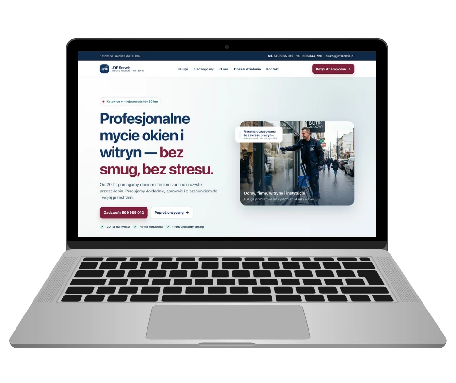 Projekt strony JDF Serwis dotyczącej profesjonalnego mycia okien i witryn widoczny na ekranie laptopa