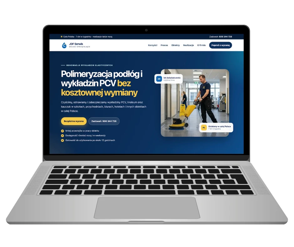 Projekt strony JDF Serwis dotyczącej polimeryzacji podłóg i wykładzin PCV widoczny na ekranie laptopa